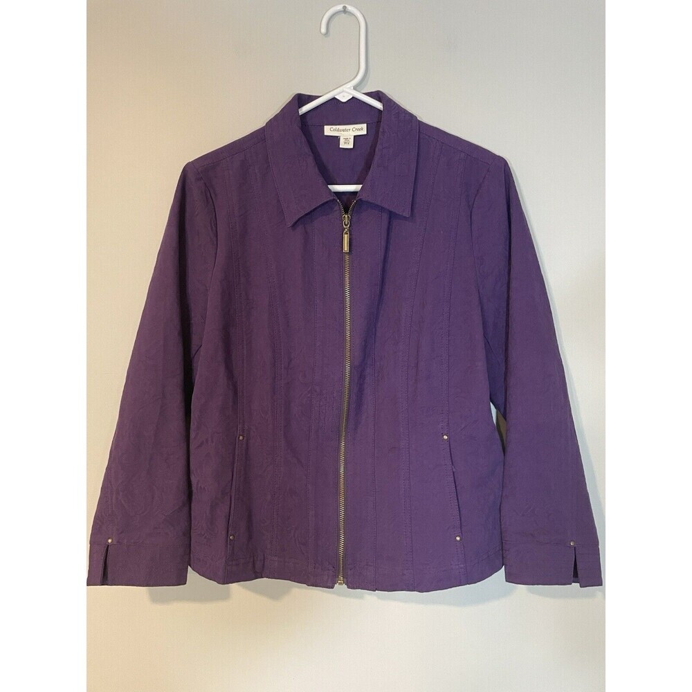 Coldwater Creek Women's Embossed Purple Full Zip Jacket Size 14 Petite Cotton